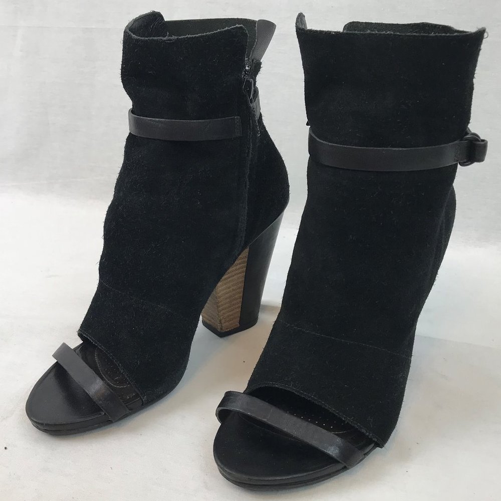 Tsubo Suede Stacked Heel Peep Toe Boots